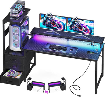 59 Inch Gaming Desk with USB Charging Ports & LED Light - Reversible Computer Desk with 3 Fabric Drawers, Monitor