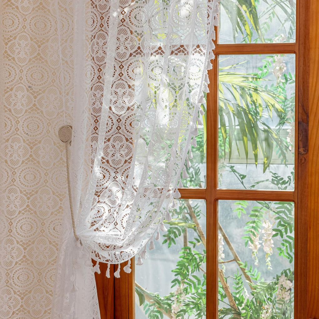 Boho Lace Curtains 72 inch, 2 Panels, White Sheer Window Panels
