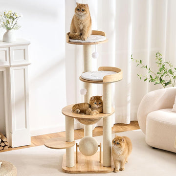 Modern Solid Wood Cat Tree Tower, 49" Tall Cat Tree with Sisal Scratching Posts for Adult Cats, Luxury Natural Oak