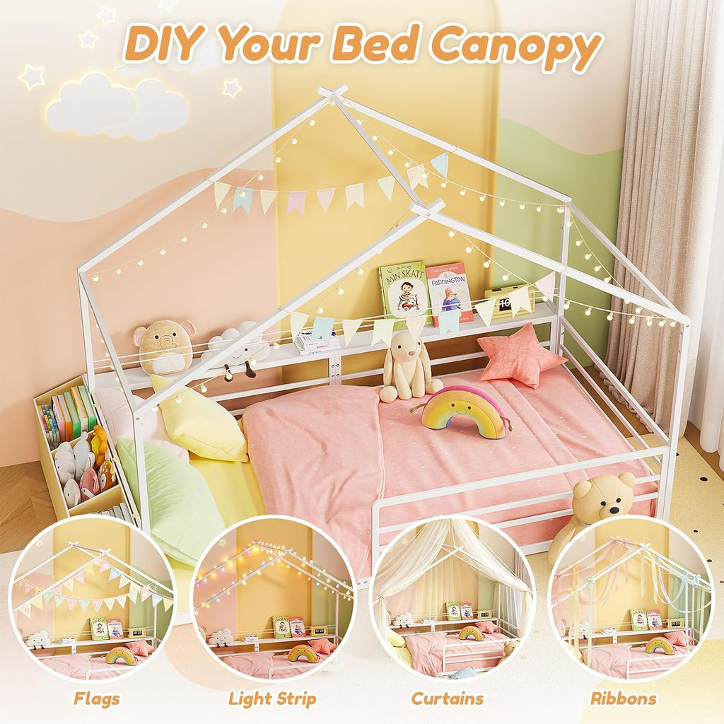 House Bed with Storage Organizer, Metal Montessori Floor Bed for Kids
