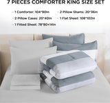 King Comforter Set 7 Pieces - Light Grey Striped Lightweight Bed in a Bag