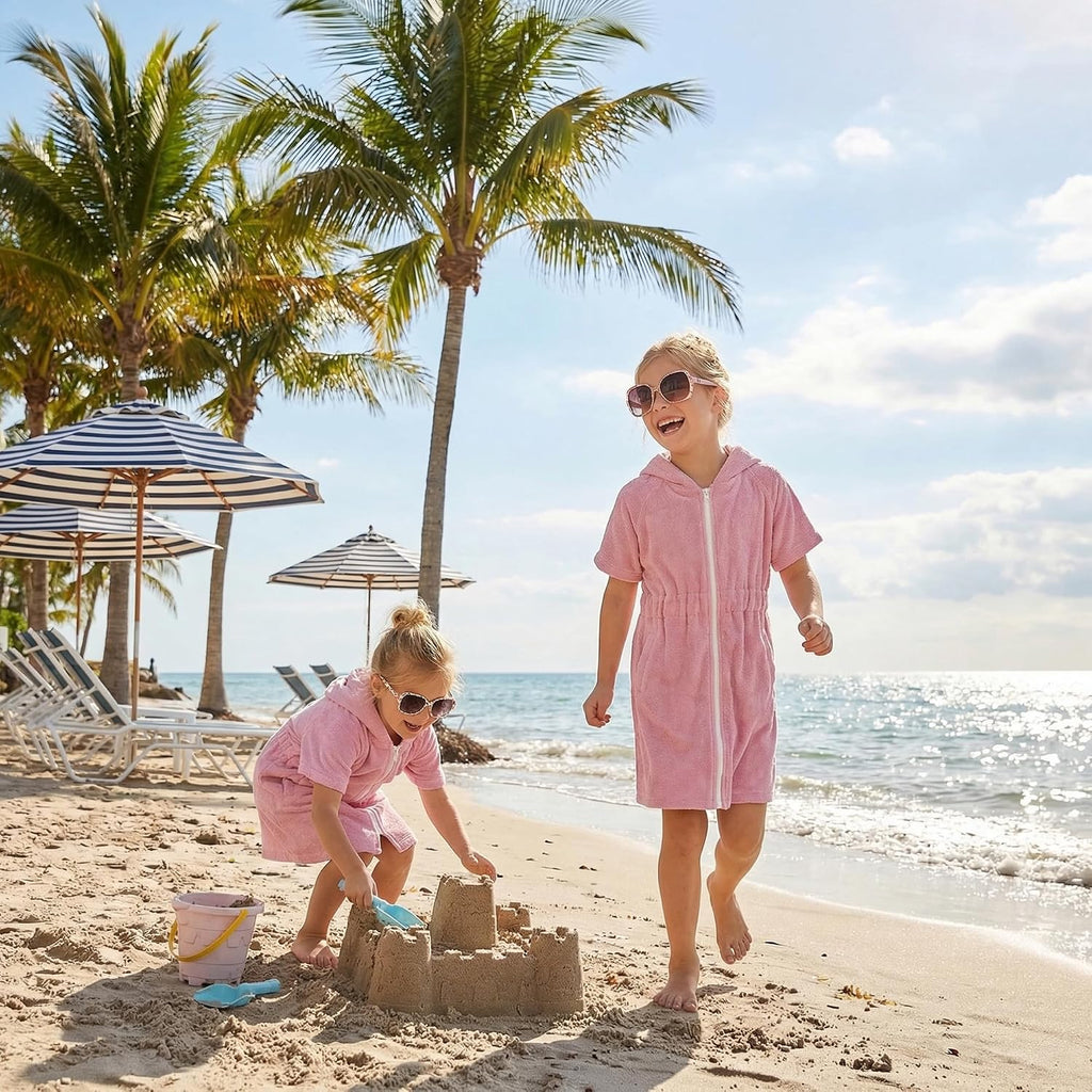 Girls Swim Cover Up Hooded with Zipper, Terry Cloth Quick Dry Absorbent Wrap After Swim Pool Beach