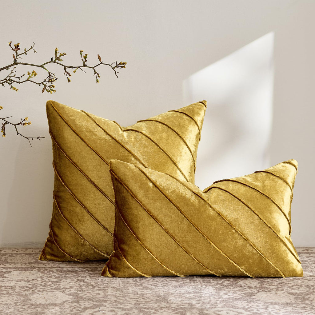 Decorative Gold Velvet Stripe Throw Pillow Covers 20x20 Set of 2