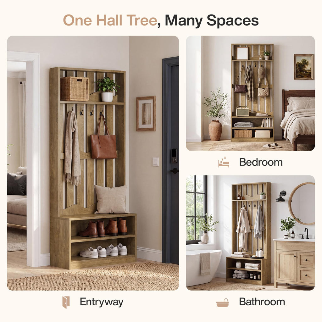 Farmhouse Hall Tree with Bench and Shoe Storage, Rustic Brown