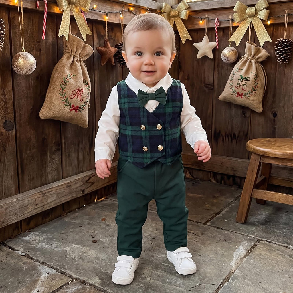 Toddler Boy Suit Christmas Gentleman Outfit Bow Tie Plaid Vest Button Down Shirt Elastic Pants Xmas Formal Outfits
