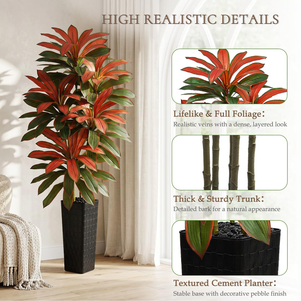 Artificial Red Dracaena Tree 7FT - Fake Tree with Black Tall Planter