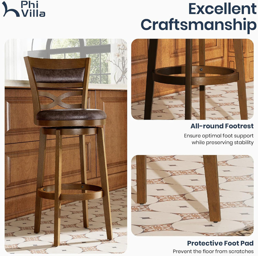 30 inch Bar Height Stools Set of 4, Swivel Bar Stools with Back, Wooden Bar Chairs Tall Faux Leather Kitchen Stools