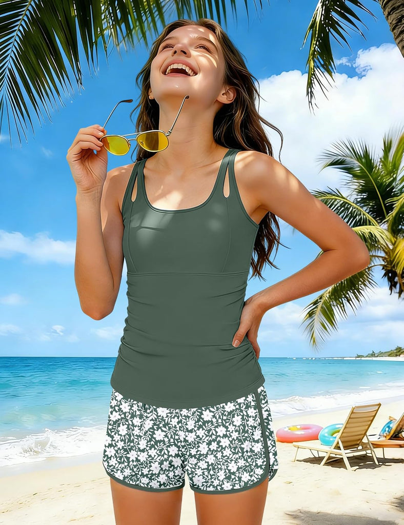 Girls Tankini Swimsuit 3 Piece Bathing Suits for Girl Square Collar Tankinis Set Girls' Swimwear with Print Shorts