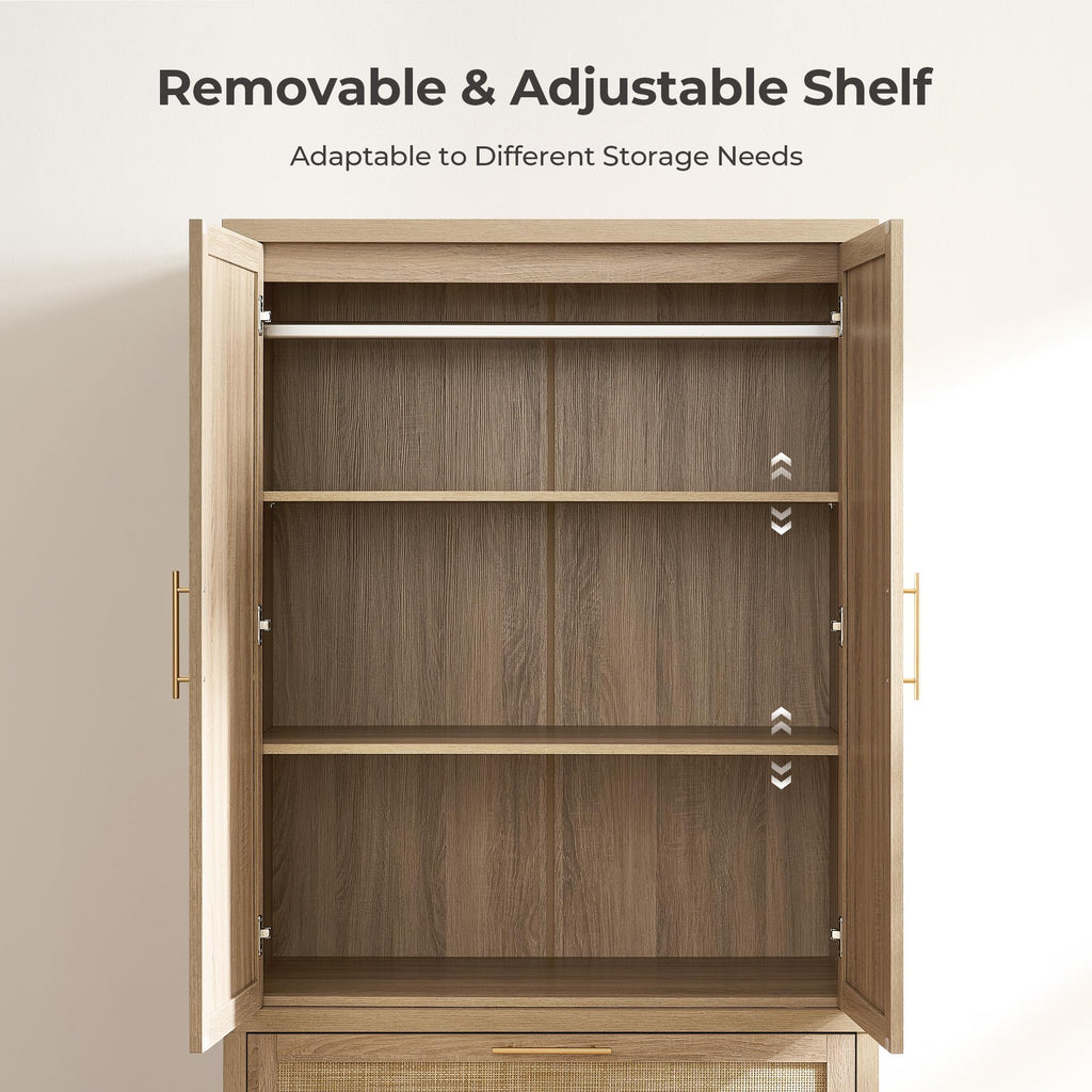 71 inch Wardrobe Closet, Boho Rattan Armoire Wardrobe with Drawers