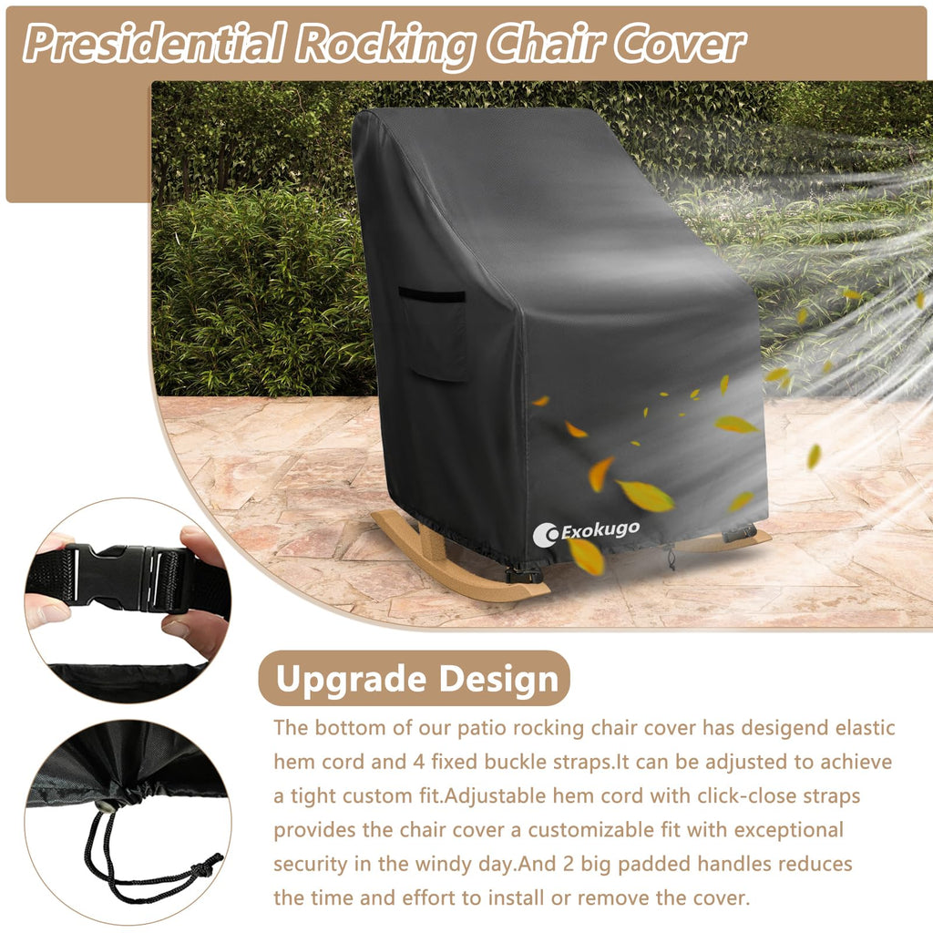 Outdoor Rocking Chair Cover, 600D Heavy Duty Waterproof Patio Chair Cover with 4 Buckle Straps, Air Vents and