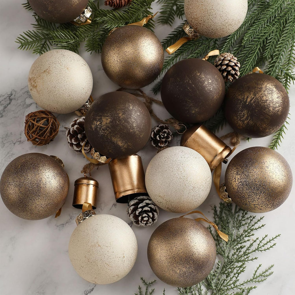 12 Pcs Neutral Christmas Ornaments, 3.15'', Ivory Gold Bronze