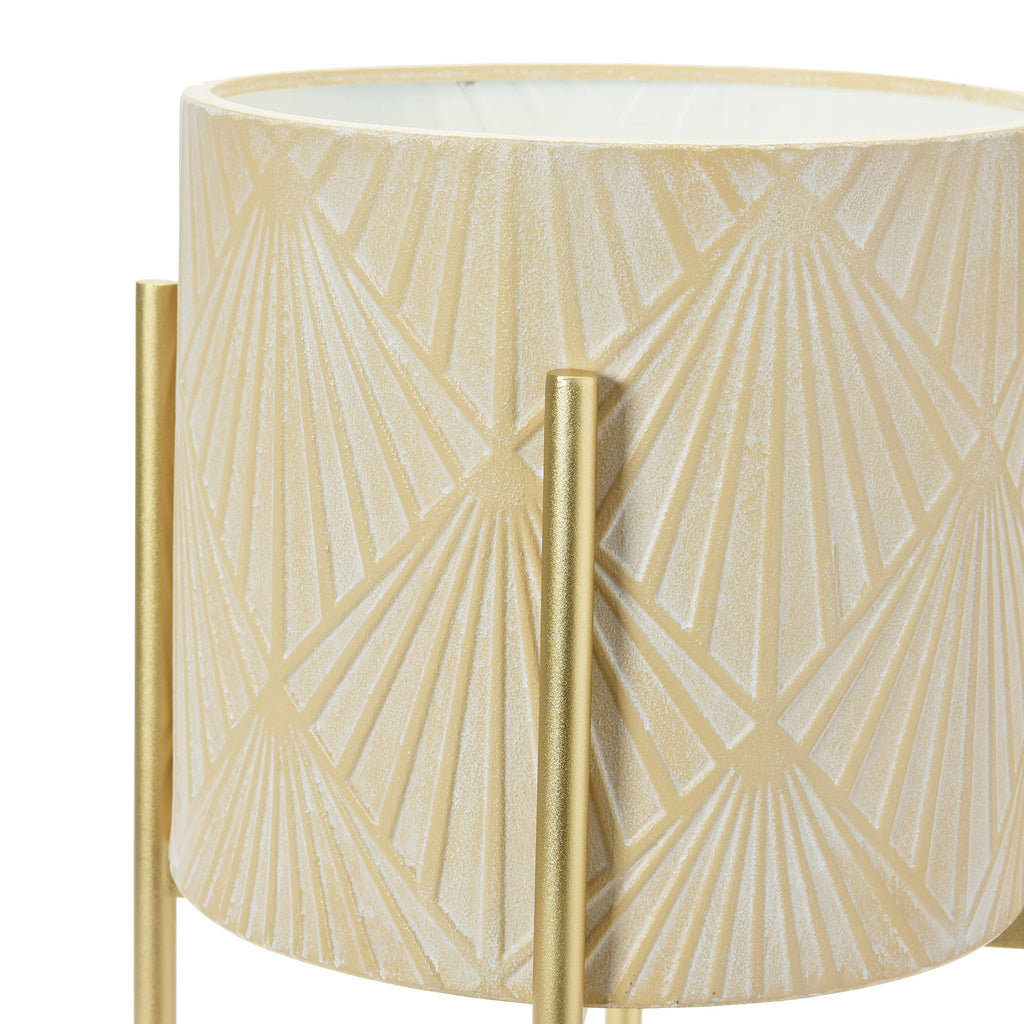 Modern Boho Embossed Metal Planters with Stands, Cream and Gold, Set of 2 Sizes
