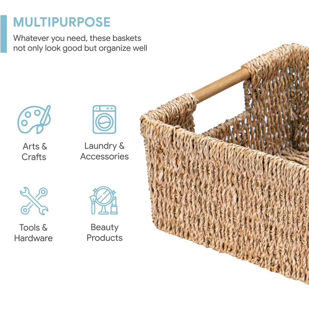 Large Natural Wicker Basket Rectangular with Wooden Handles, Seagrass Storage for Organizing, Shelves 15.5 x 10.6 x