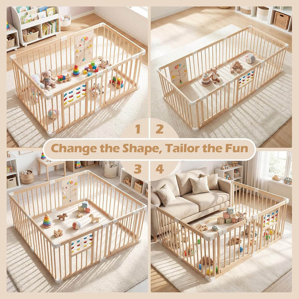 Wooden Baby Playpen with Adjustable Size & Shape, 8 Panels, Child Proof Lock, Easy to Assemble, 63" x 63" Portable