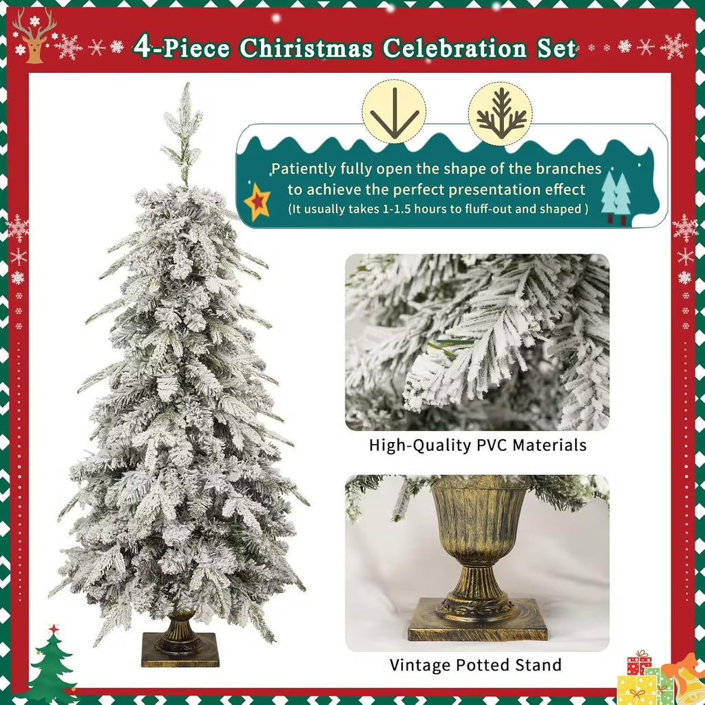 Pre-lit Christmas Artificial Tree 4-Piece Set, Garland, Wreath and Set of 2 Entrance Trees, X-mas with LED Lights