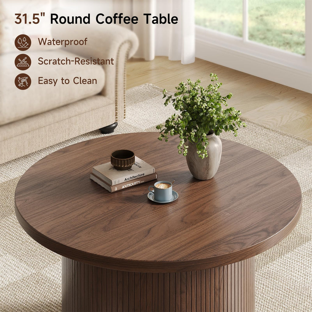 31.5" Round Coffee Table, Mid Century Modern Fluted Drum Table