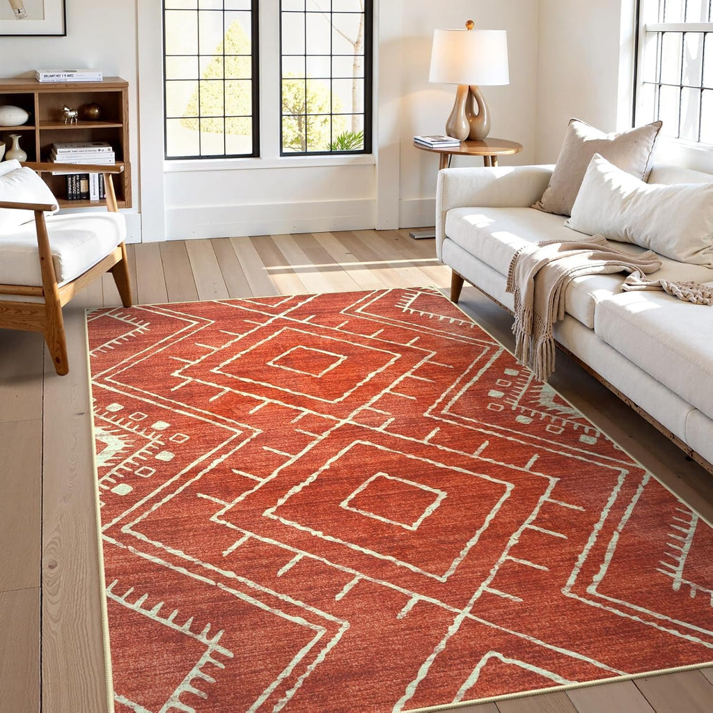 Western 5x7 Area Rug, Washable Orange Rugs Bedroom, Soft Non Slip Moroccan Tribal Rug Geometric Boho Area Rugs
