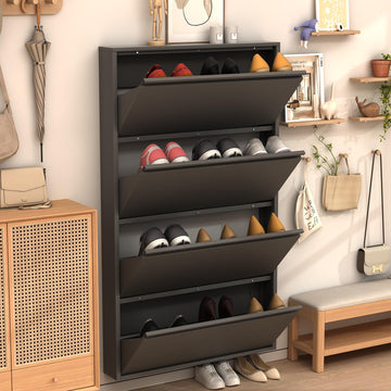 Shoe Cabinet with 4 Flip Drawers, Slim Shoe Storage Cabinets, Black Narrow Wall Shoe Cabinet
