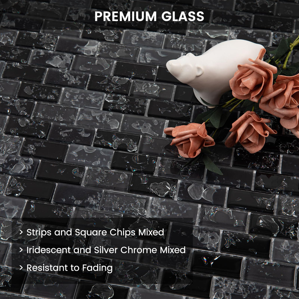 Glass Mosaic Tile Backsplash Black 12 Inch 5 sq.ft