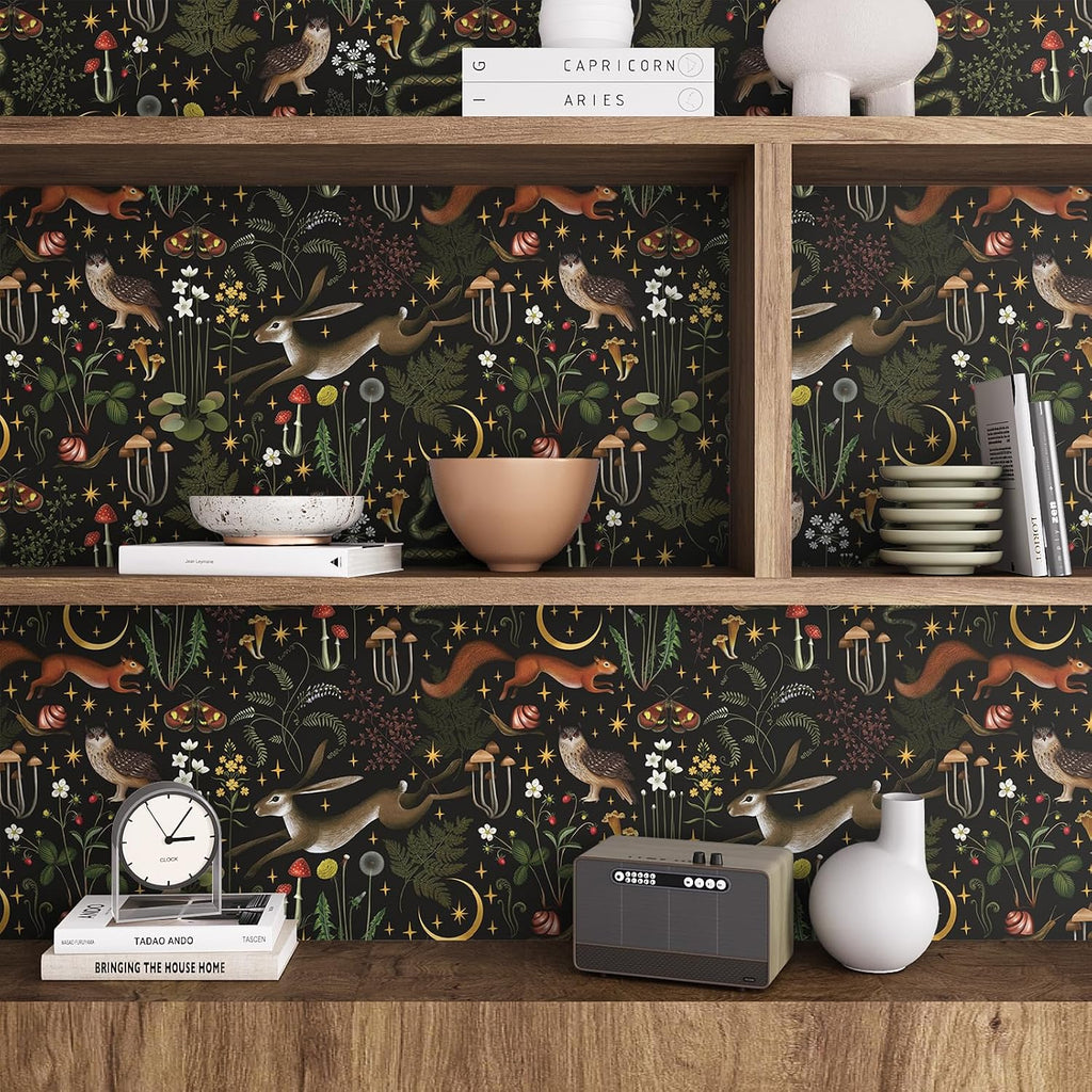 Black Woodland Mushroom Peel and Stick Wallpaper Boho Fairy Forest Wallpaper for Kids Room Nursery 17.7''x354''