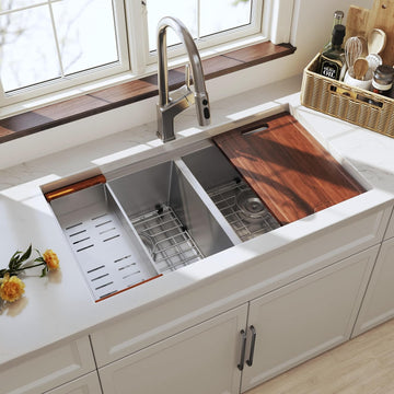 32 Inch Undermount Workstation Handmade Double Bowl Kitchen Sink | 16 Gauge Thickness, 304 Stainless Steel, Brushed