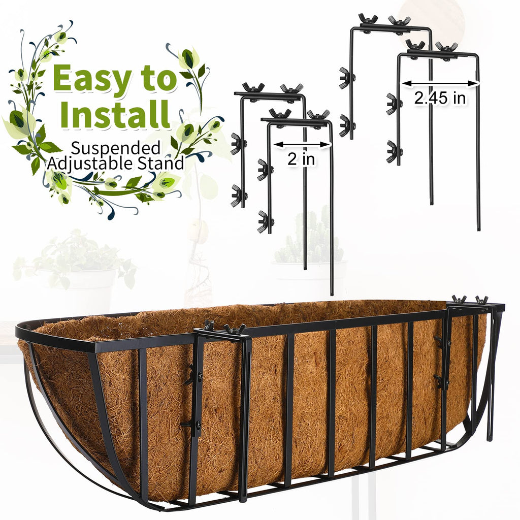 2 Pieces Railing Planter Boxes, 36 Inches Window Box Planters with Coco Liner and Adjustable Brackets for Deck Porch