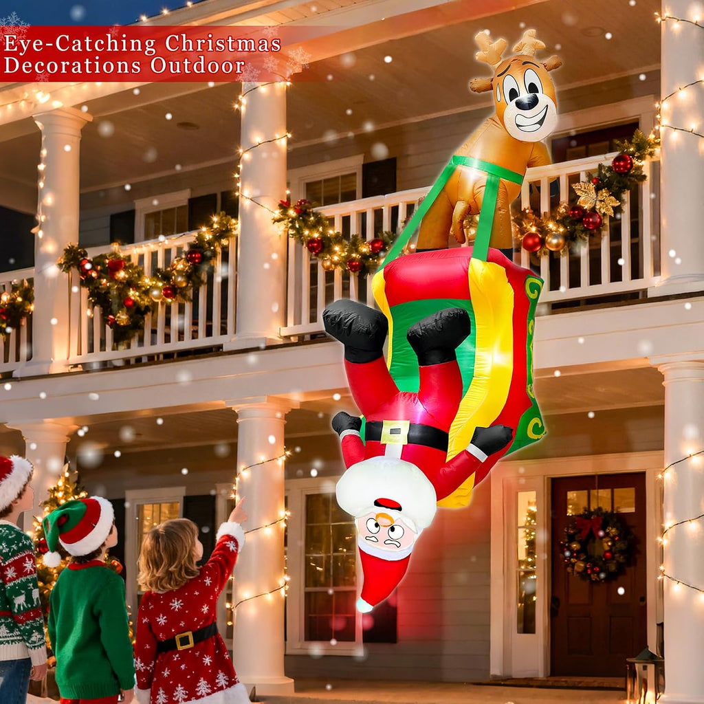 8.5 Ft Hanging Christmas Inflatable Outdoor Decoration, Blow Up Reindeer Pulling Santa Claus on Sleigh Built-in LED