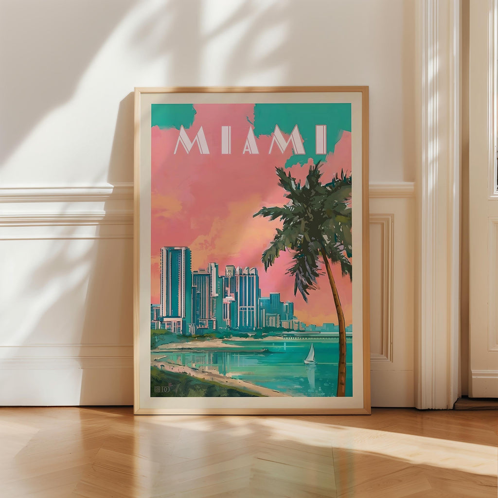 Miami Vintage Travel Poster, Premium Giclee Fine Prints - Modern Aesthetic Wall Decoration, Eclectic Trendy Boho
