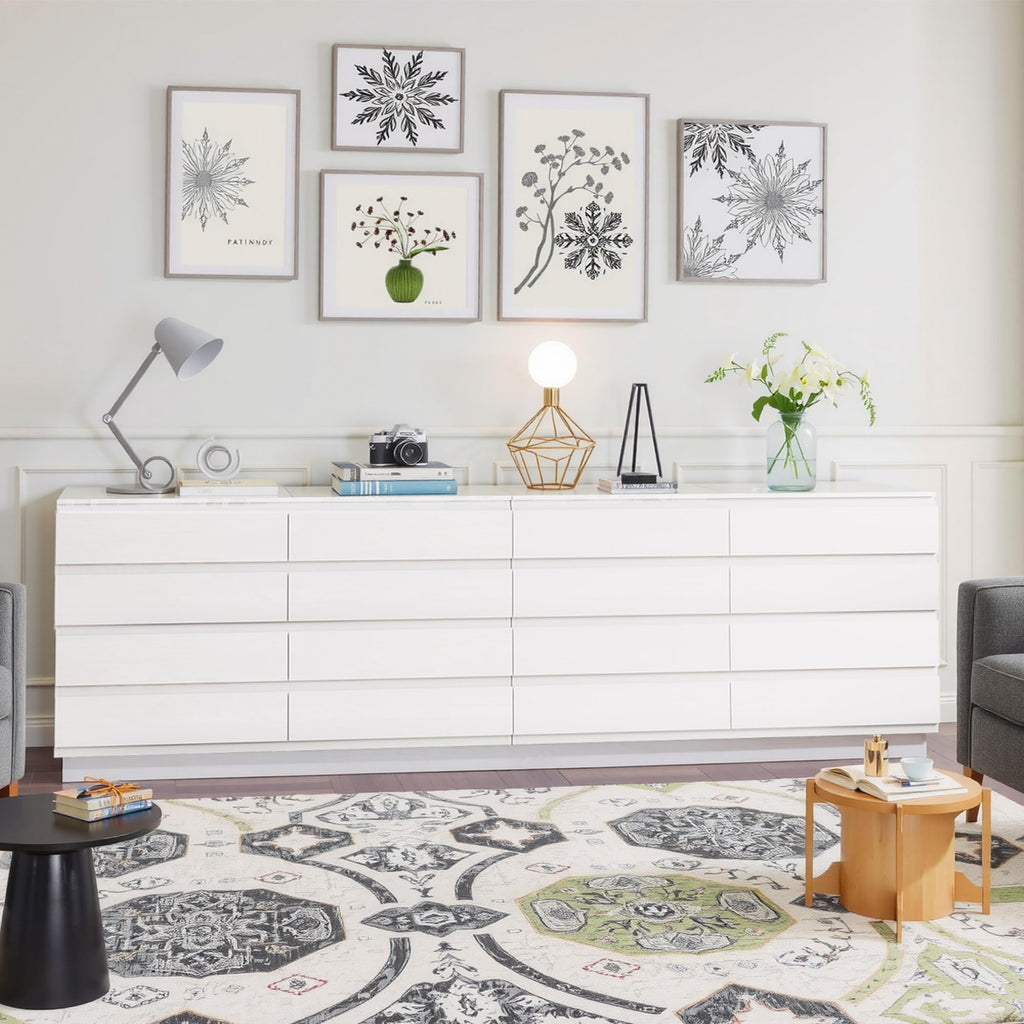 8 Drawer Dresser 55" Wide White Wood Modern Chest