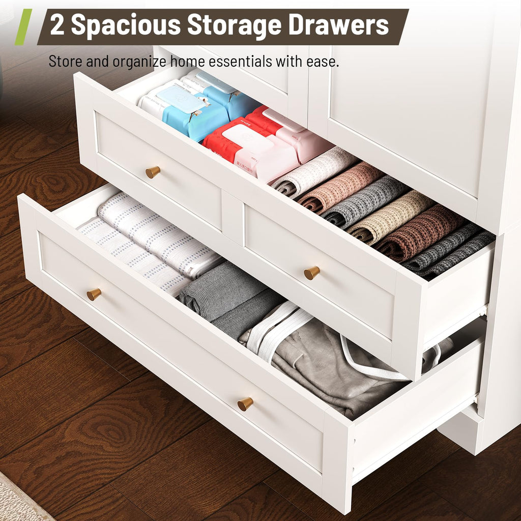 Armoire Wardrobe Closet with 2 Drawers & Mirror, White