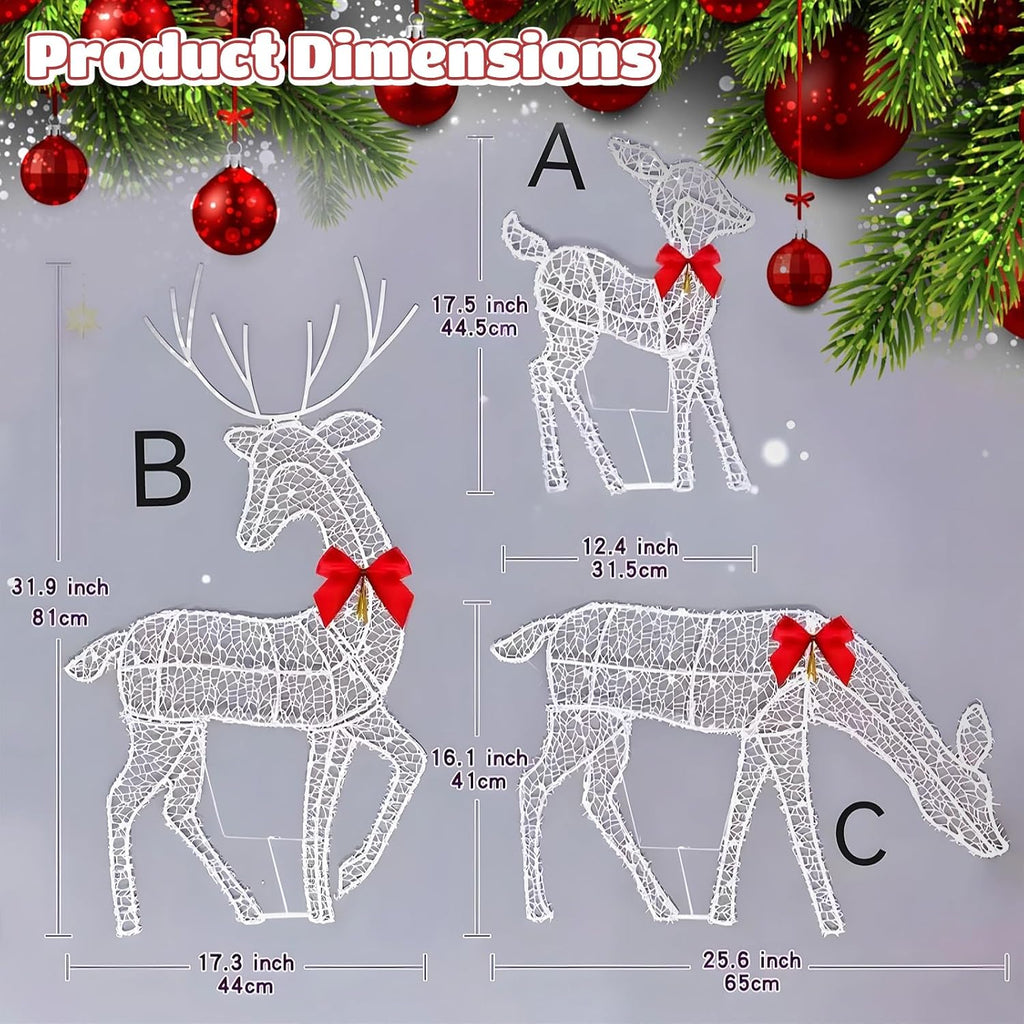 Set of 3 Lighted Christmas Reindeer Family, LED White Metal Deer Yard Decorations with Red Bows, Battery Operated 2D