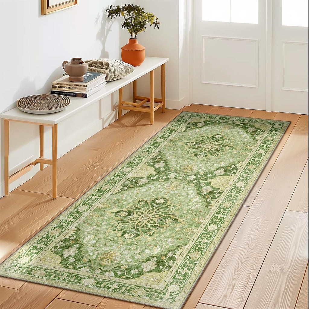 Area Rugs Washable Non-Slip, Floral Vintage Distress Print Pattern Medallion Carpet for Living Room Bedroom