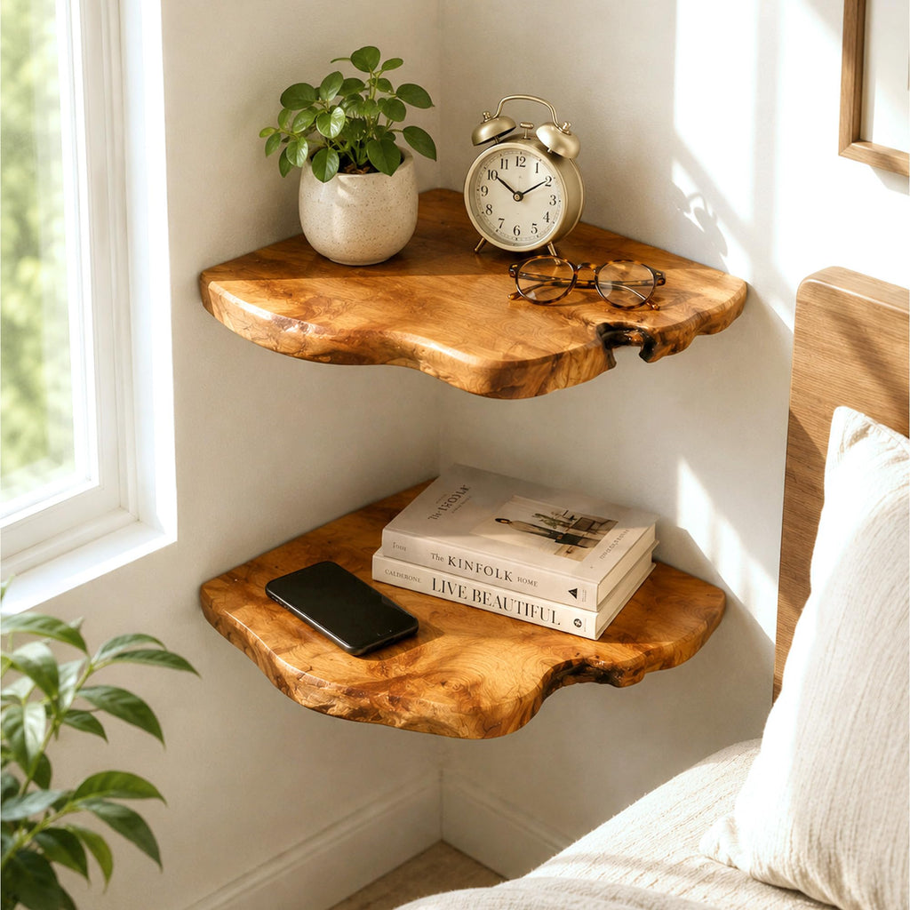 Floating Corner Shelf Set of 2, Handcrafted Live Edge Corner Wall Shelves, Cedar Root Wood Decor for Small Plants