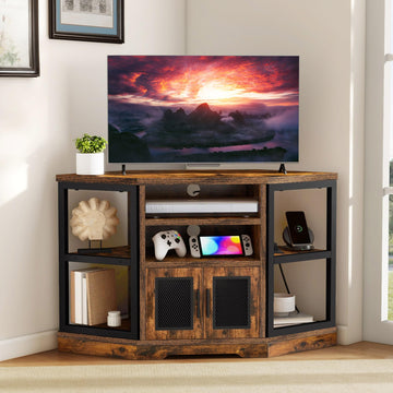 Farmhouse Corner TV Stand with Power Outlet, TV Console, Rustic Brown
