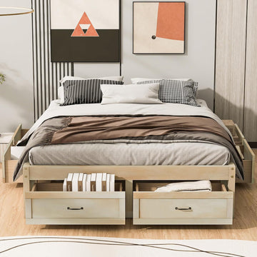 Japanese Low Platform Wooden Bed Frame with 6 Antique Natural Storage Drawers, Farmhouse Floor Beds