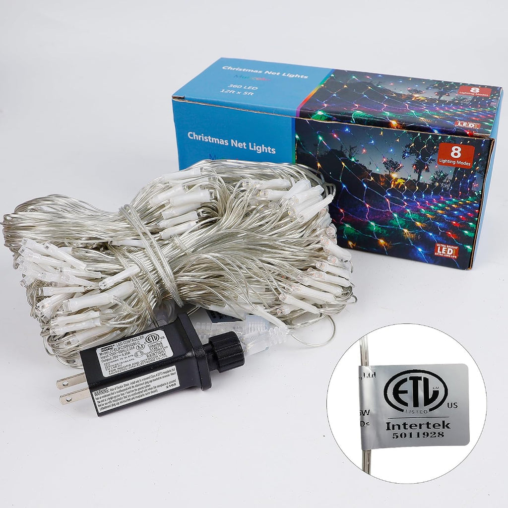Christmas Net Lights, 360 LED 12ft x 5ft Connectable Mesh Fairy String Lights,8 Modes Low Voltage Safe Adaptor