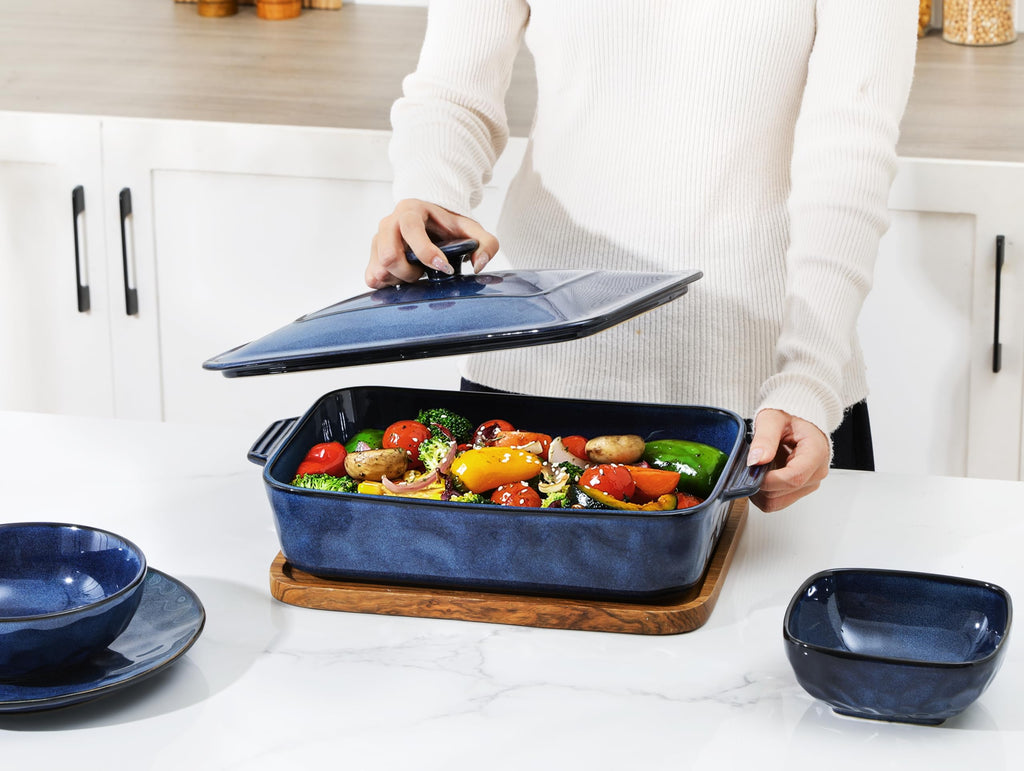 Ceramic Casserole Dish with Lid, 4.2 Quart Deep Baking Pan with Handles, Rectangular Lasagna Pan, Oven, Microwave &