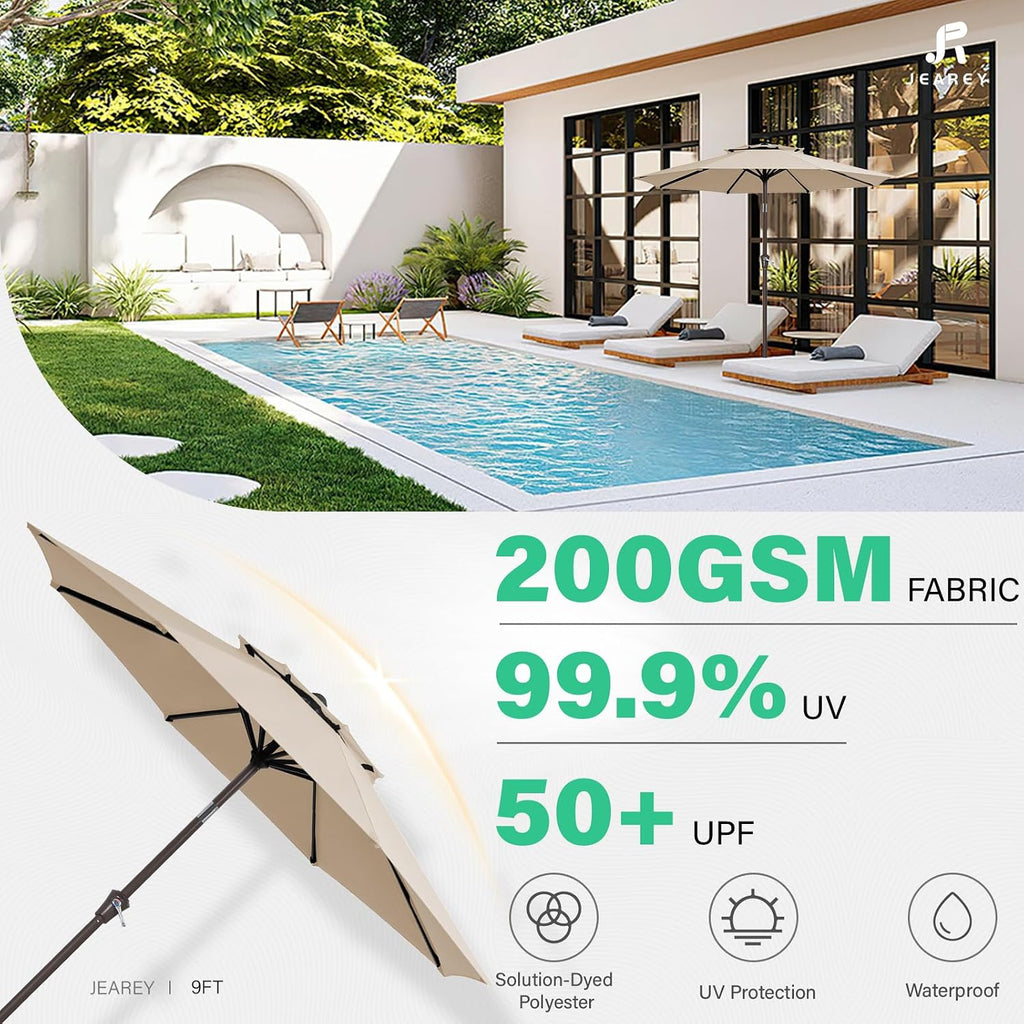 9 ft 2-Tiers Patio Umbrellas Outdoor Table Market Umbrella w/Push Button Tilt/Crank, 8 Sturdy Ribs