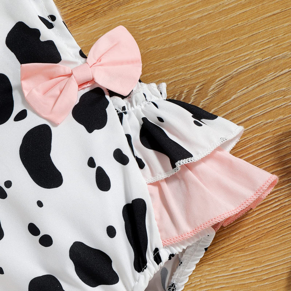 Girls Cow Print Romper Summer Sleeveless Backless Jumpsuit Ruffle Bowknot Tutu Dress Sunsuit with Headband Farm Cow