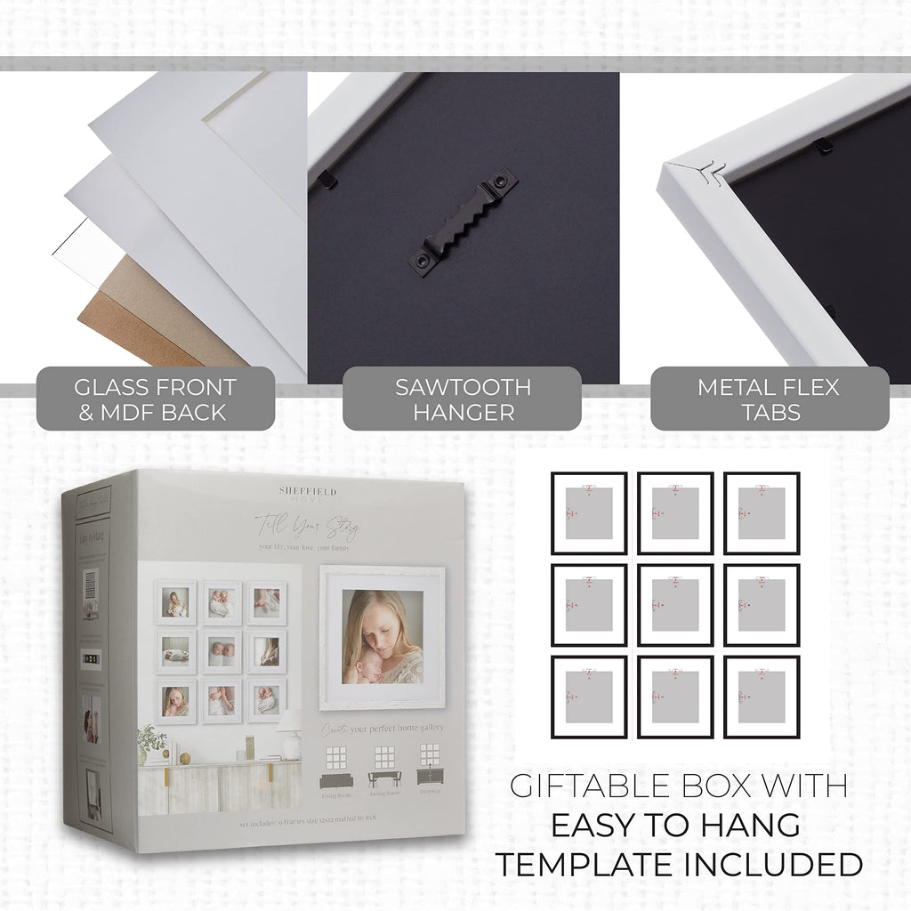 9 Piece Gallery Wall Frame Set, 12x12 Inch, White