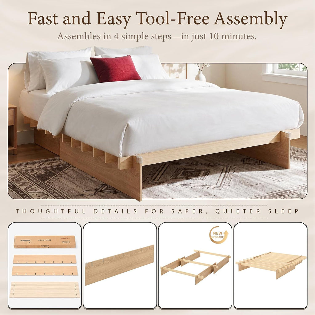 Wood Platform Bed Frame, Japanese Joinery Tool‐Free Bed Frame