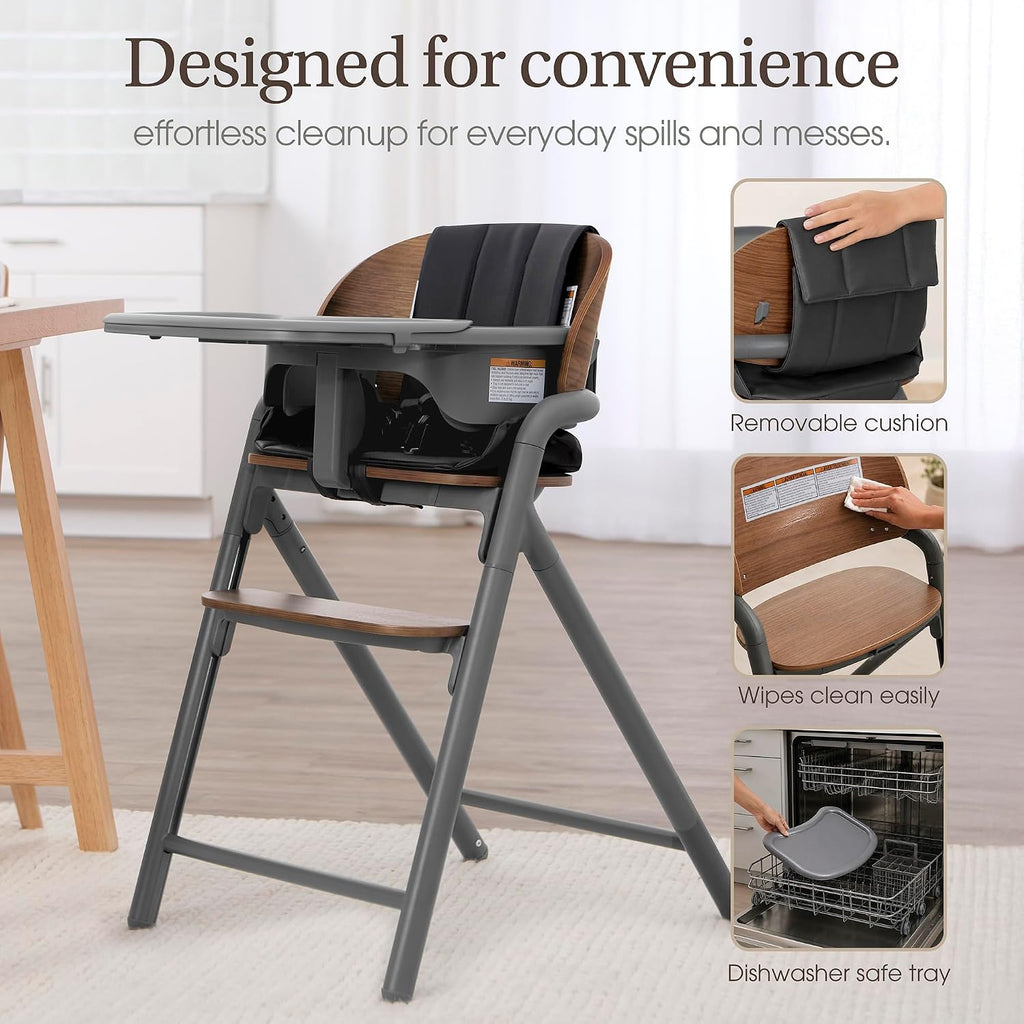 Step and Savor Convertible Wooden Baby High Chair-Walnut Gray | Beech Wood Seat, 5-Position Height Adjust, Double