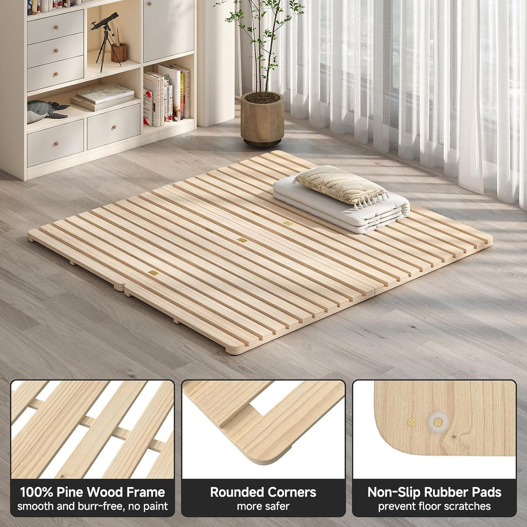 Foldable Floor Bed Frame, Solid Wood Slat Base for Futon Mattress