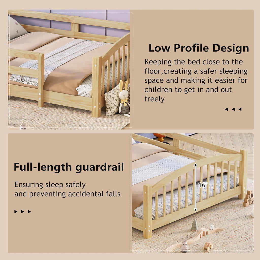 Montessori Floor Bed with Safety Fence, Solid Wood Floor Bed Frame for Boys Girls, Wooden Slats Support, No