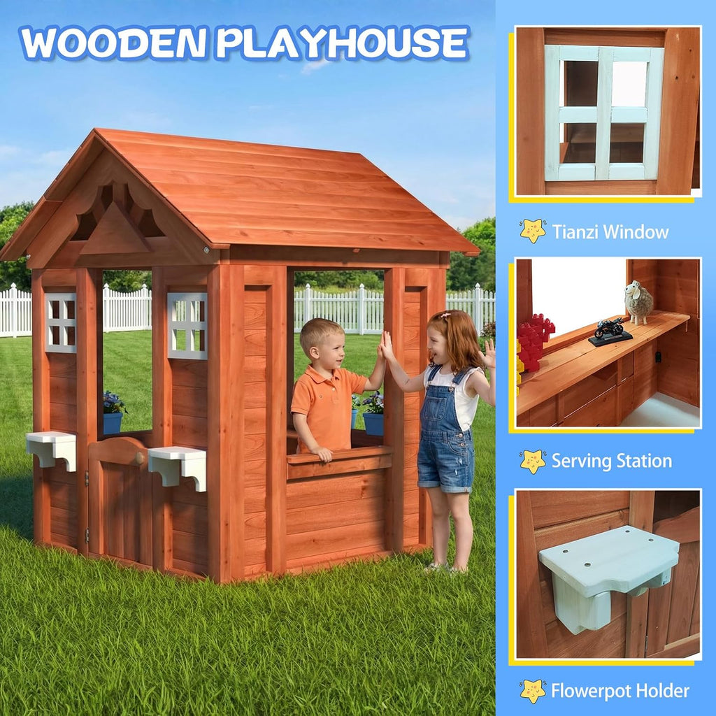 Wooden Kids Playhouse, Solid Firwood Outdoor Playhouse with 2 Windows, Flowerpot Holder & Snack Window for Backyard