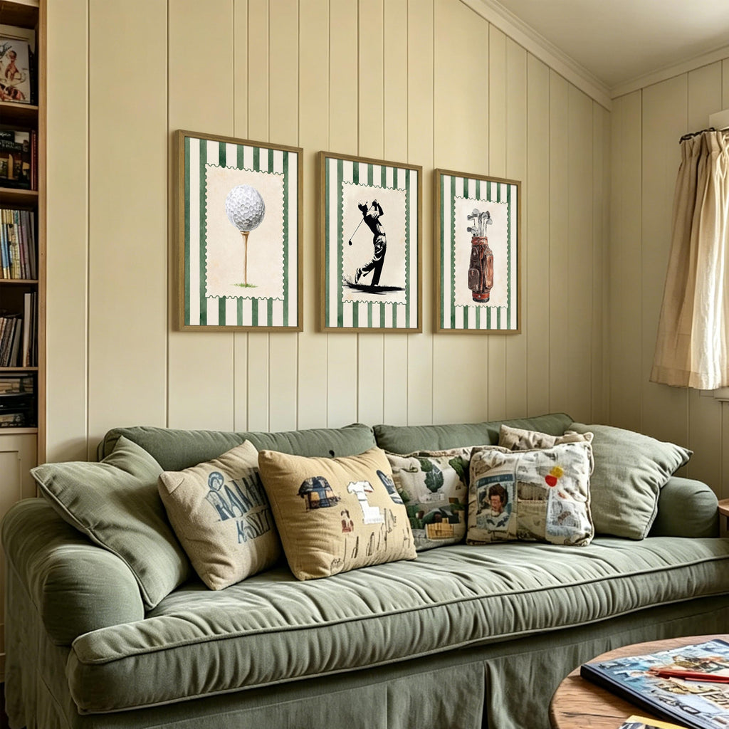 Vintage Golf Wall Art Set of 3 Canvas, Sports Framed Poster, Neutral Country Club Painting for Preppy Home Wall
