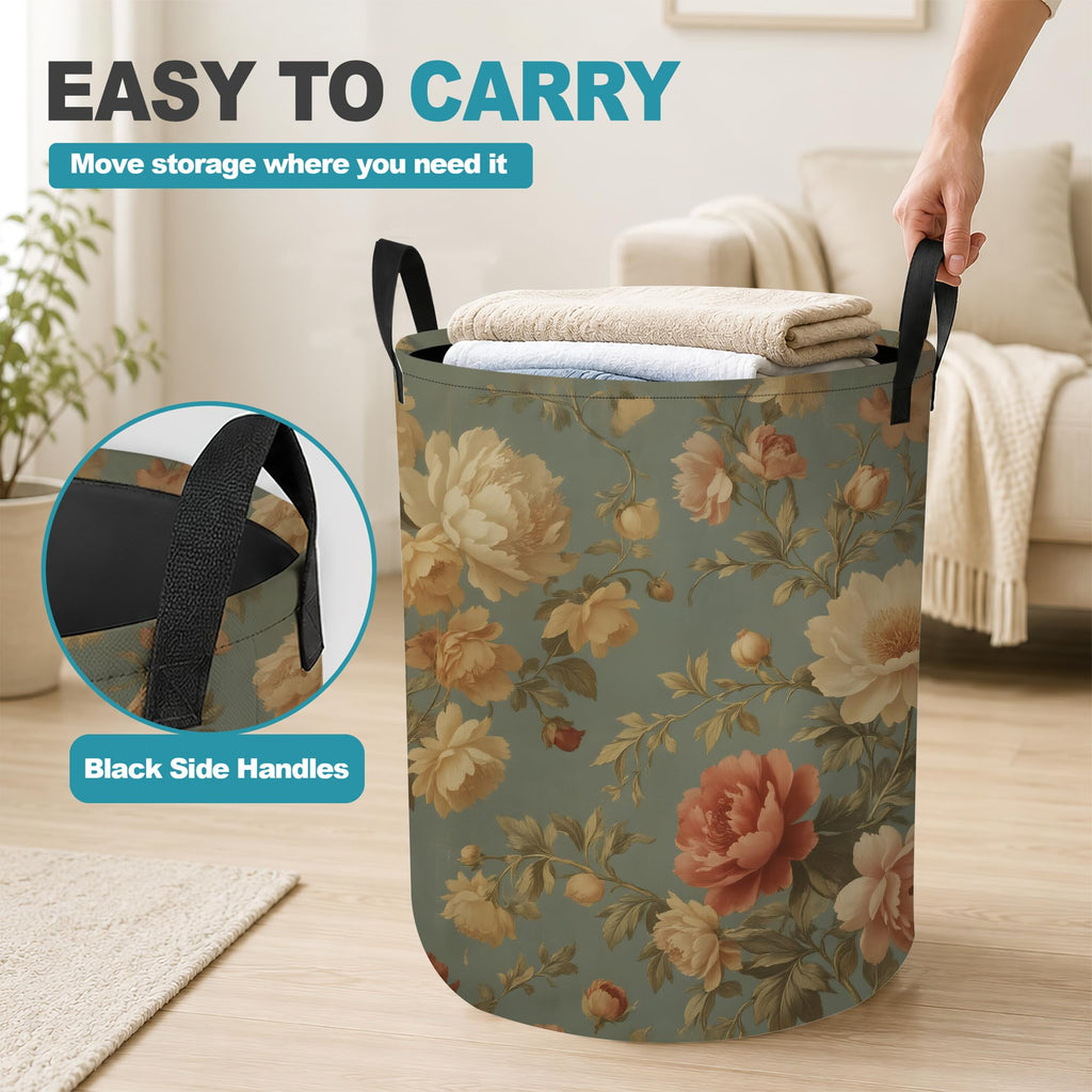Vintage Peony Floral Dirty Clothes Hamper, Foldable Laundry Basket with Handles, Farmhouse Rustic Waterproof Oxford