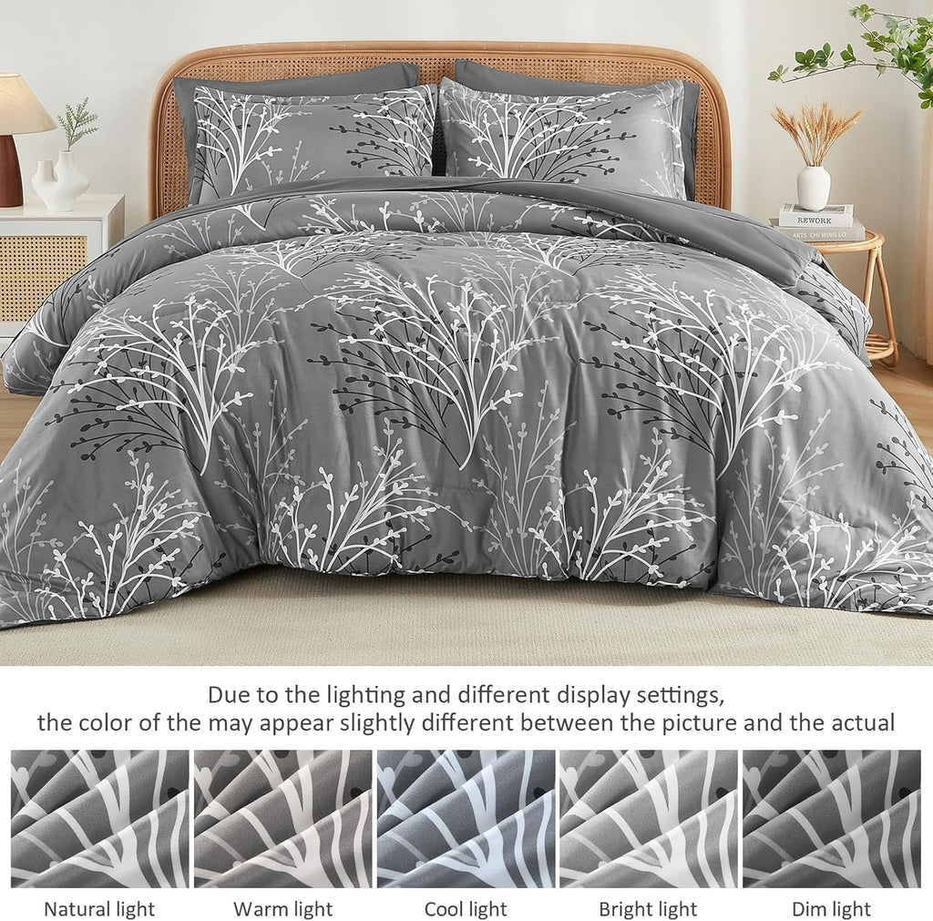 DJY Gray Comforter Set Queen Branch Botanical Bed in a Bag 7 Piece Grey Floral Comforter