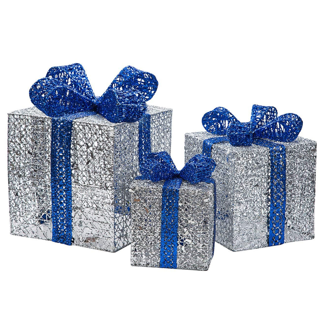 3 PCS Christmas Lighted Gift Boxes Decor 7.5"/5.9"/4.7" Silver