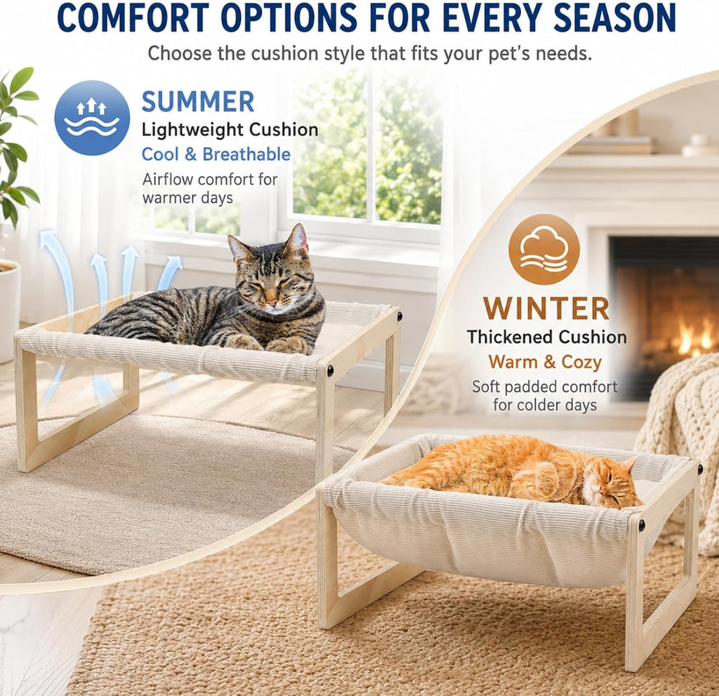 Elevated Cat Bed, Wooden Cat Hammock with Breathable Washable Cushion